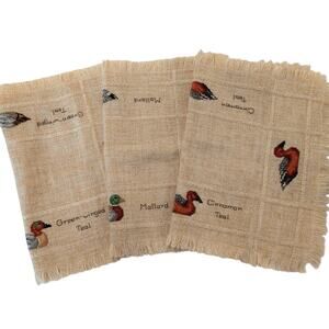 Set of 3 Handmade Duck Cross Stitch Napkins Green Winged Cinnamon Teal Mallard
